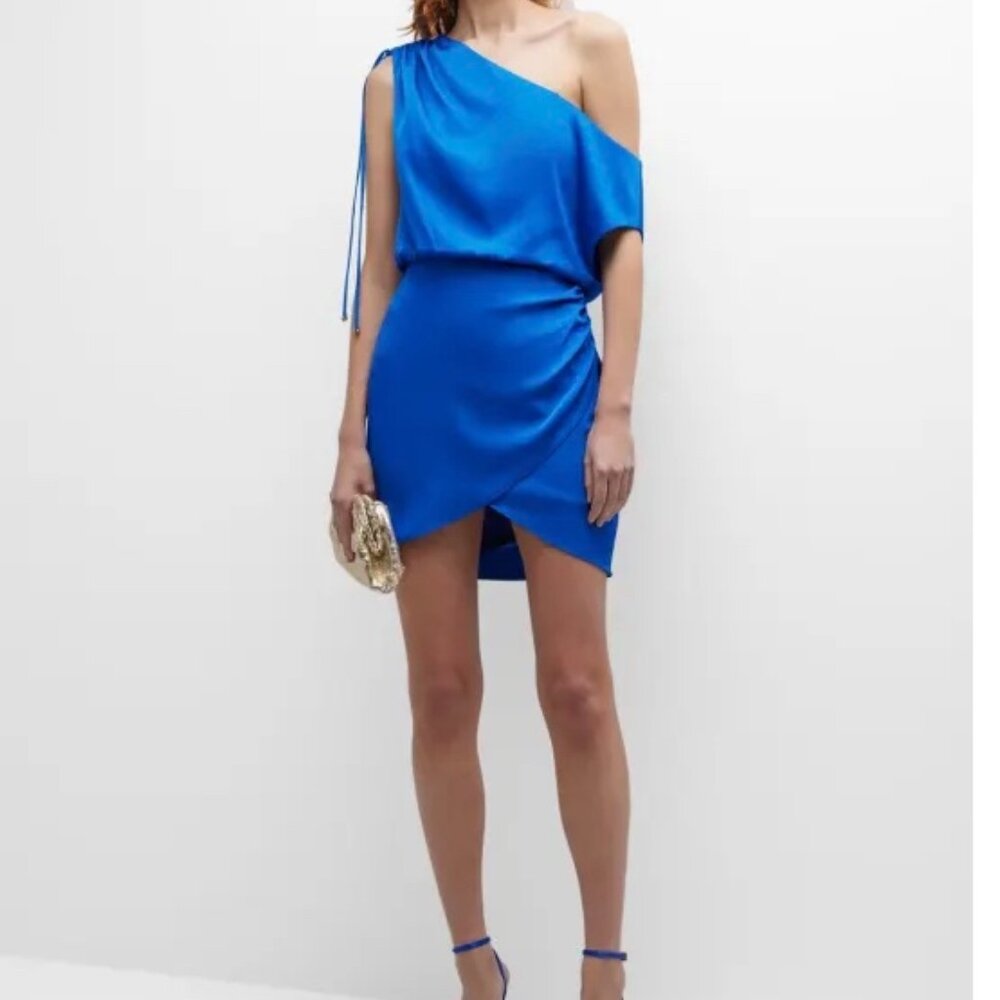 Liv Foster Ruched One-Shoulder Satin Mini Dress blue mini dress cobalt